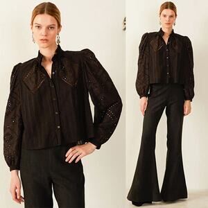 NEW Alix of Bohemia Long Sleeve Annabel Ebony Eyelet Shirt Black Size: Medium